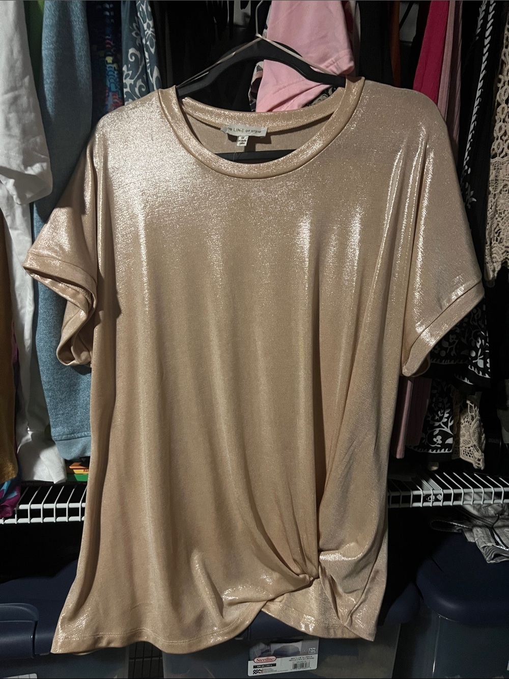 Shimmery Twist-Hem Short Sleeve Tee in Champagne Beige